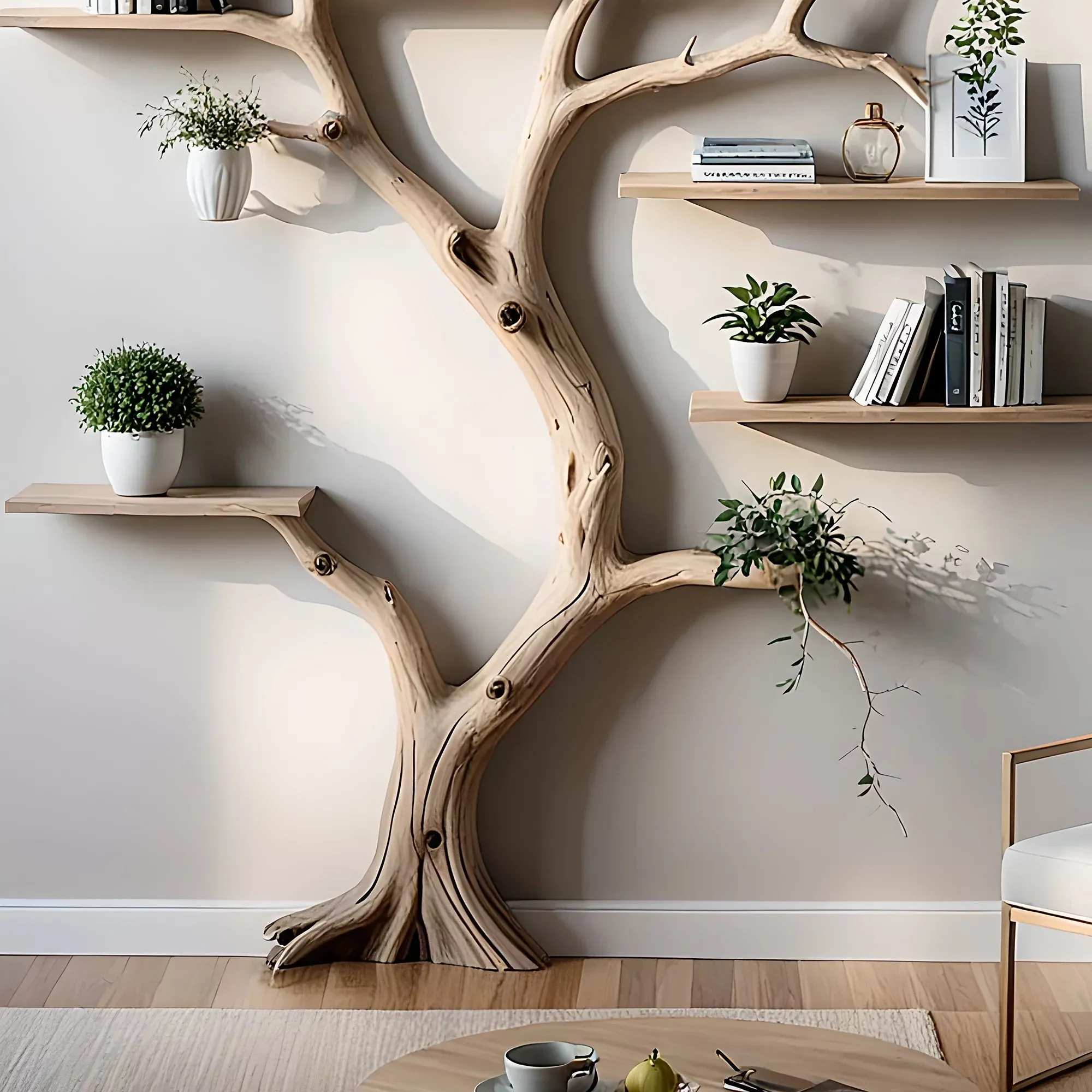 Tree Branch Bookshelf – Floor & Wall-Mounted Solid Wood Shelf