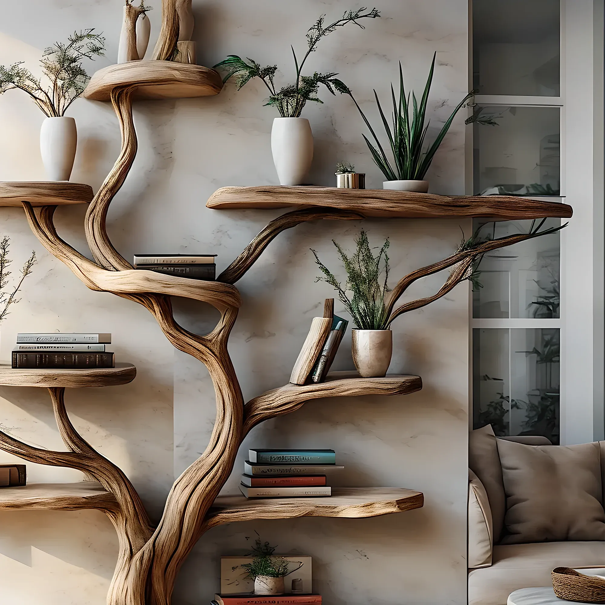 Solid Wood Driftwood Bookshelf – Decorative Living Room Shelf
